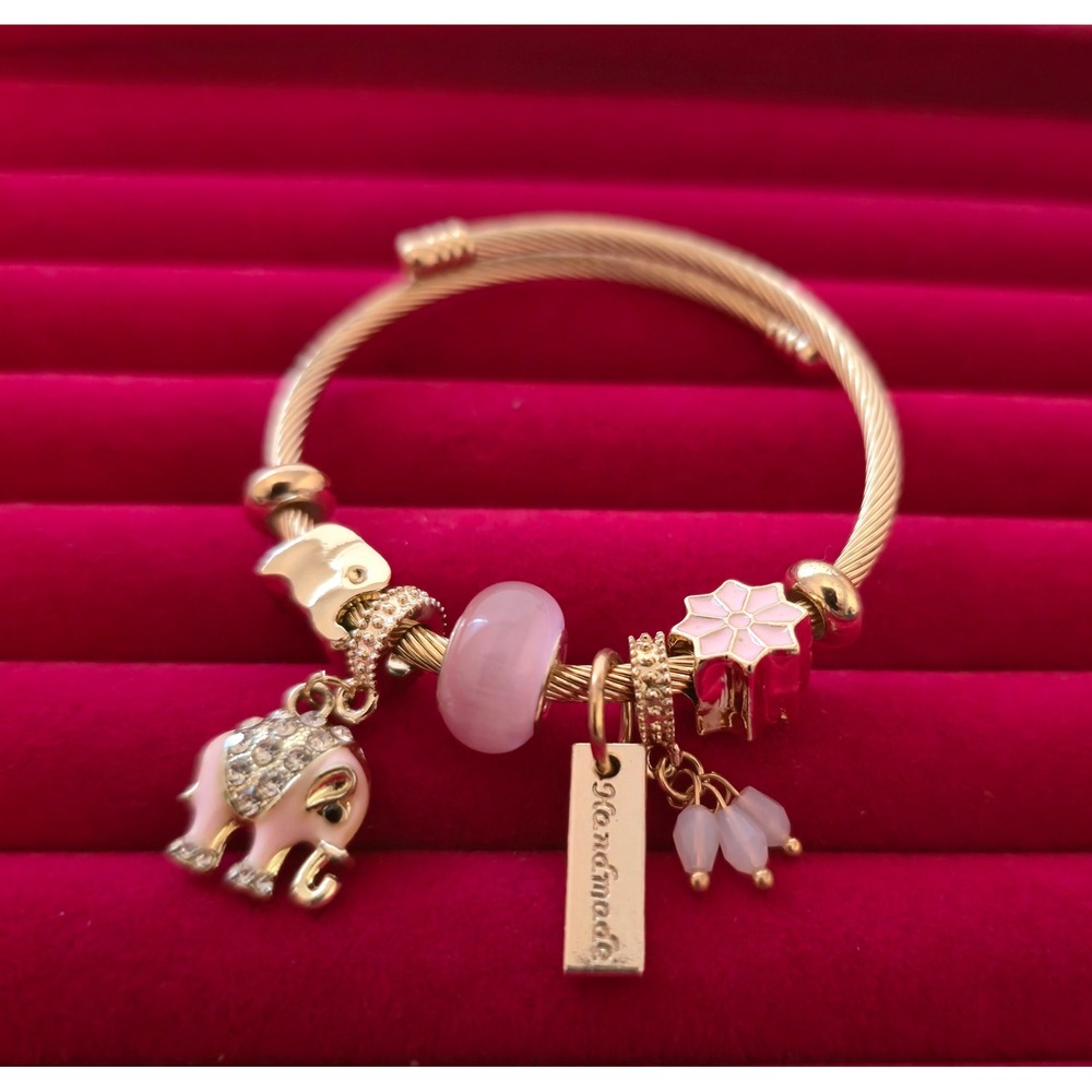 Gold Plated Cable Wire Bypass Bangle Bracelet Pink Elephant Charms